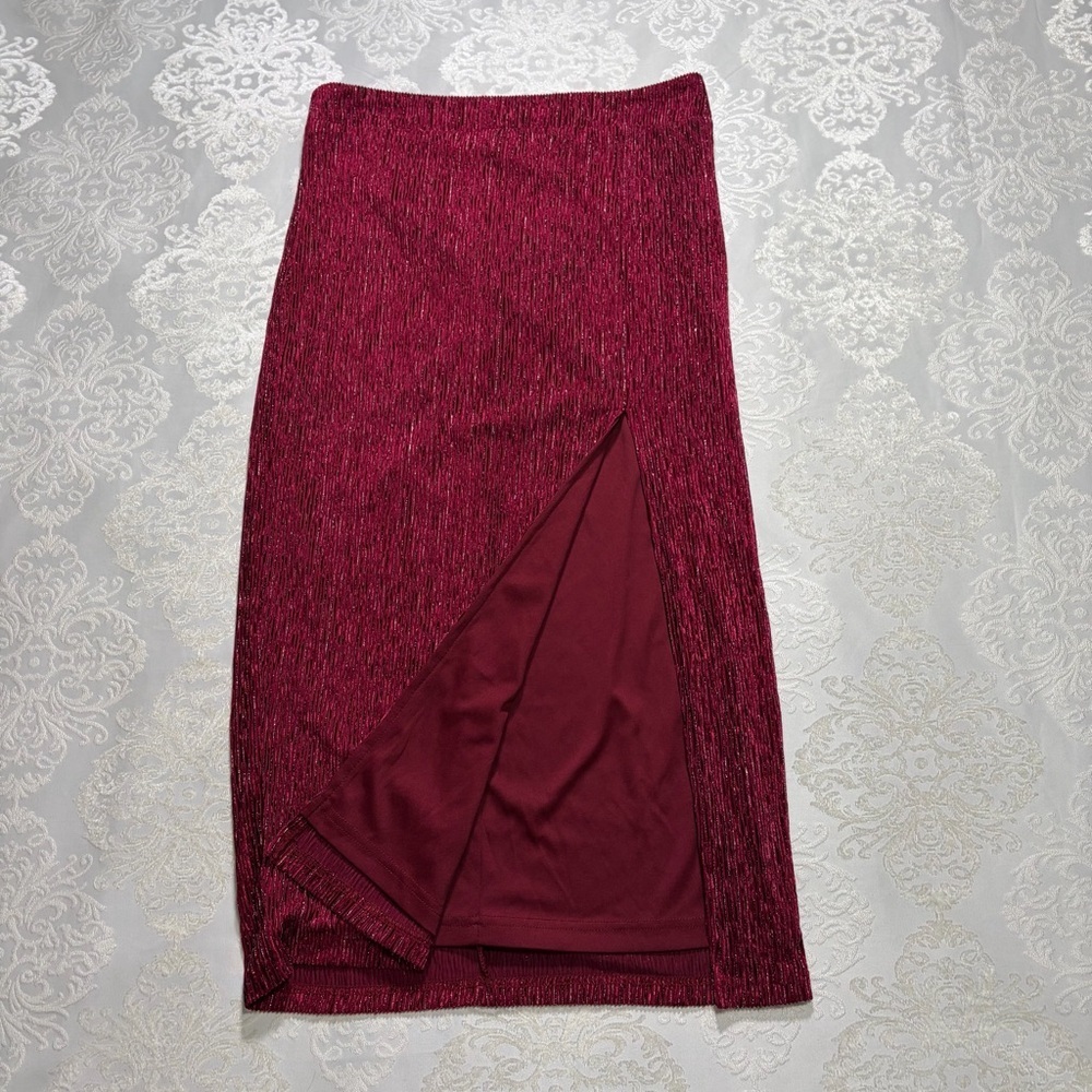 Lulus Velvet Textured Maxi Skirt Side Slit Vertical Stripe Wine Size Medium